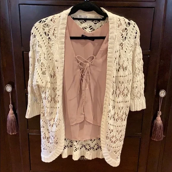 GARAGE Ivory Eyelet Crocheted Sweater In Size Medium - Picture 6 of 10